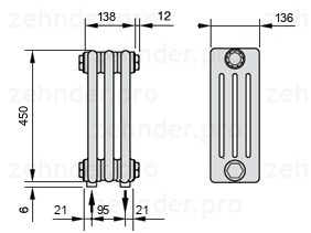 Схема (чертеж) Радиатор Zehnder Charleston 4045/3 №3570 Белый глянцевый RAL 9016